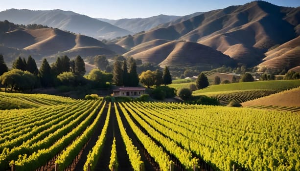 AI generated of a vineyard with valley and a house in the distance on sunset sky