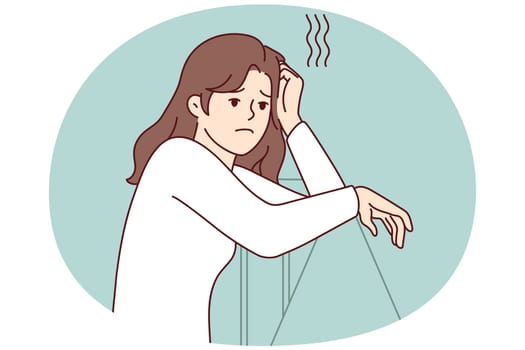 Sad woman leans on railing and looks into distance thinking about problems in personal life. Lonely unhappy girl stands resting head on hand after quarrel with boyfriend. Flat vector image