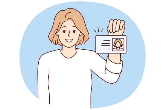 Positive woman shows badge with photo of personal data issued for use in office of corporation. Casual girl with smile and pride demonstrates document to employee company. Flat vector illustration