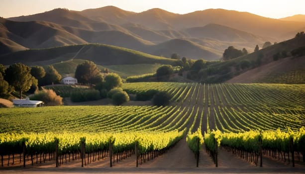 AI generated of a vineyard with valley and a house in the distance on sunset sky
