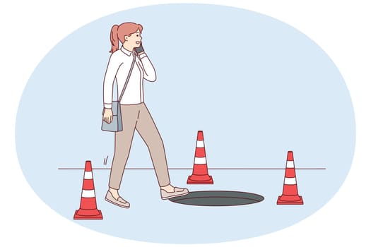Careless woman walking talking on phone risks falling into hatch due to inattention and abuse of gadgets. Casual girl steps towards open sewer making phone call. Flat vector design
