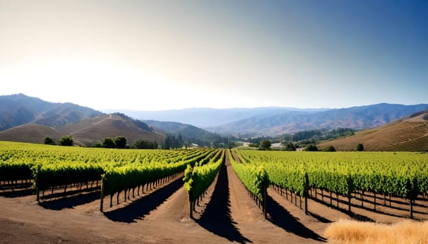 AI generated of a vineyard with valley and a house in the distance on sunset sky