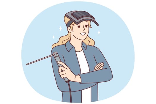 Woman with welding machine and mask protecting eyes stands with arms crossed and looks forward smiling. Professional girl welder working in industrial plant or in car workshop. Flat vector design