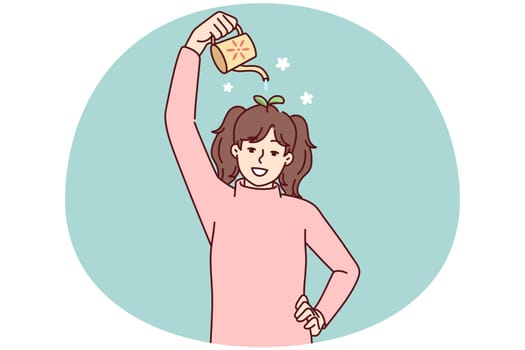 Teenage girl watering plants growing from head symbolizing many ideas or self investment. Casual schoolgirl for concept of self-education and taking care of their own future. Flat vector image