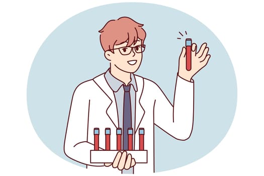 Young man scientist in white coat holds test tubes with blood samples for scientific experiments. Smart guy working as doctor in private clinic demonstrates plastic flask. Flat vector illustration