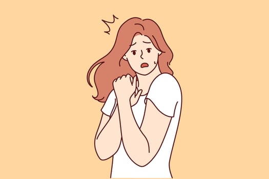 Frightened girl learned bad news, opens mouth and feels stressed due to information about imminent price increase. Girl reaction to bad fake news and misinformation causing stress and amazement