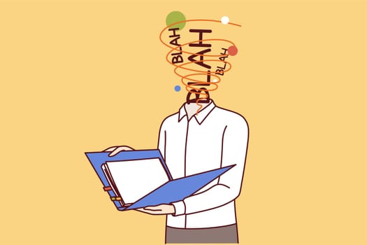 Man office worker, overwhelmed with new ideas, feels brain explode reading business documents. Guy with words blah instead of head is studying business contract or financial analytics data