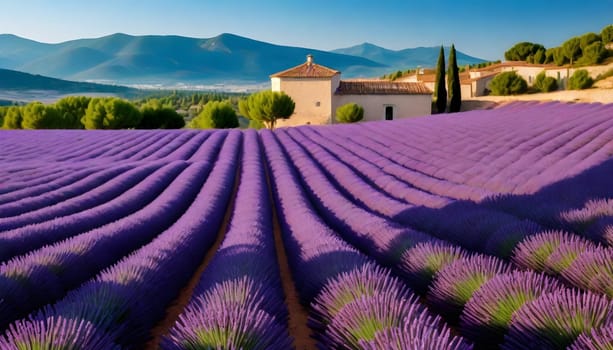AI generated of a field of lavender with a mountain in the background