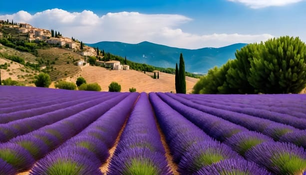 AI generated of a field of lavender with a mountain in the background