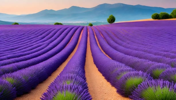 AI generated of a field of lavender with a mountain in the background