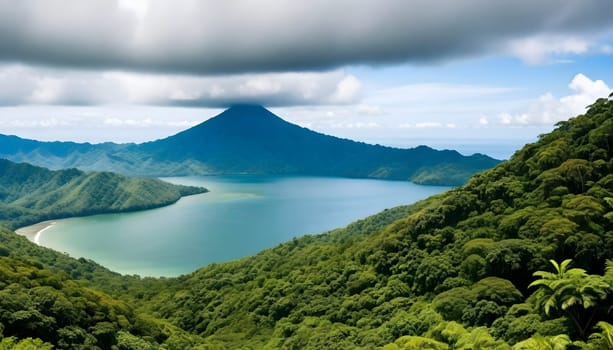 AI generated of a beach with a mountain in the cloudy sky background and tree on foreground