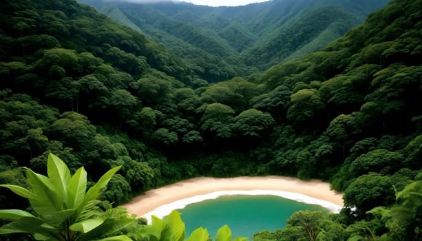 AI generated of a beach with a mountain in the cloudy sky background and tree on foreground