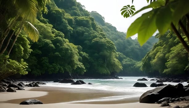 AI generated of a beach with a mountain in the cloudy sky background and tree on foreground