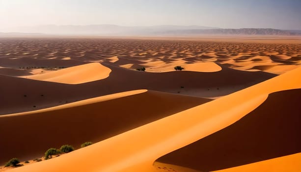 AI generated of a desert with sand dunes and a sun in the background