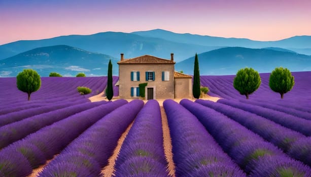 AI generated of a field of lavender with a mountain in the background