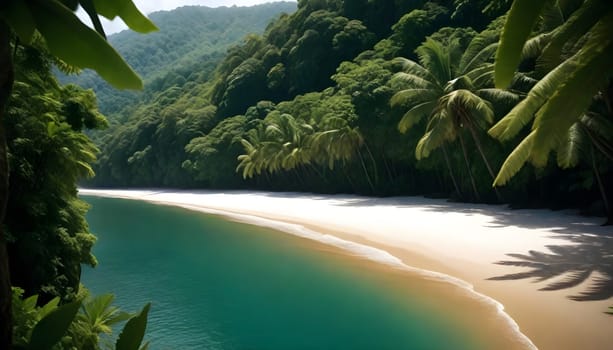 AI generated of a beach with a mountain in the cloudy sky background and tree on foreground