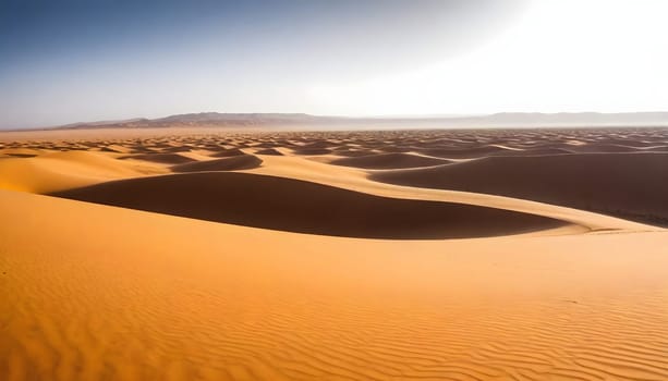 AI generated of a desert with sand dunes and a sun in the background