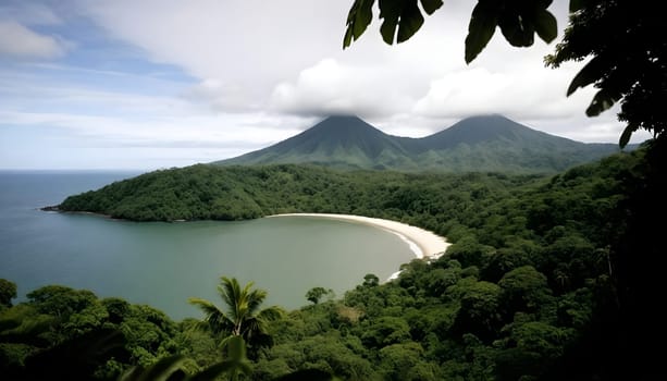 AI generated of a beach with a mountain in the cloudy sky background and tree on foreground