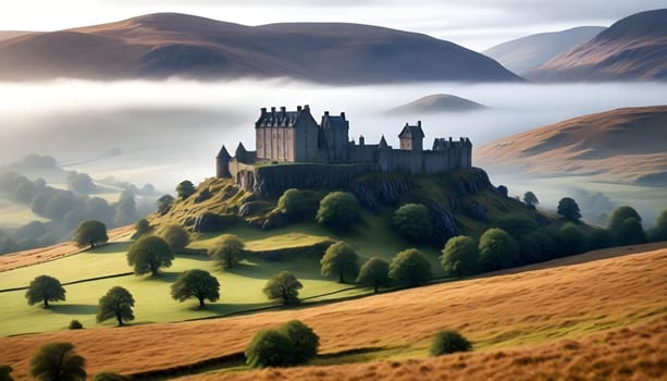 AI generated of a castle is on a hill with a cloudy sky in the background