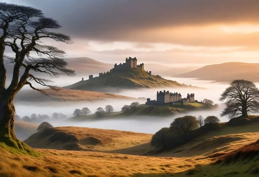 AI generated of a castle is on a hill with a cloudy sky in the background
