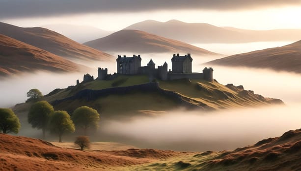 AI generated of a castle is on a hill with a cloudy sky in the background