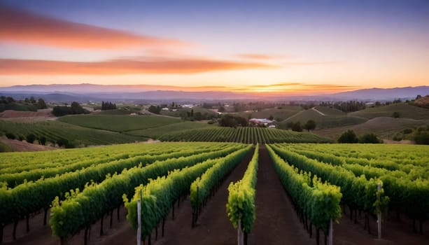 AI generated of a sunset view of a vineyard with a mountain range in the background