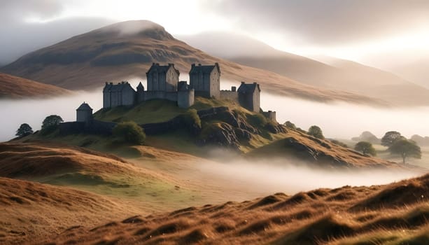 AI generated of a castle is on a hill with a cloudy sky in the background
