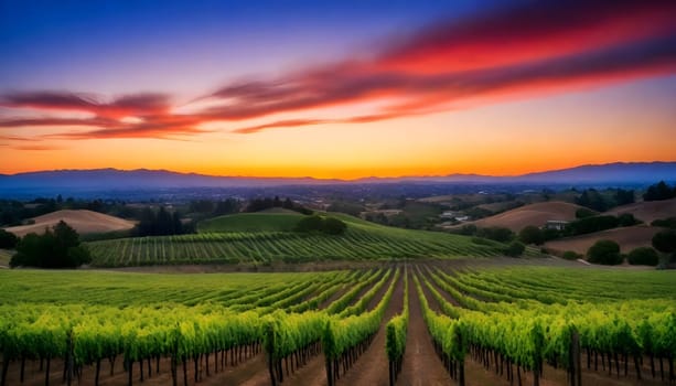 AI generated of a sunset view of a vineyard with a mountain range in the background