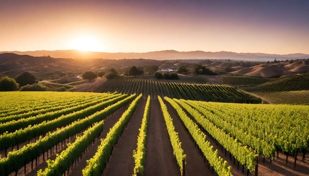 AI generated of a sunset view of a vineyard with a mountain range in the background