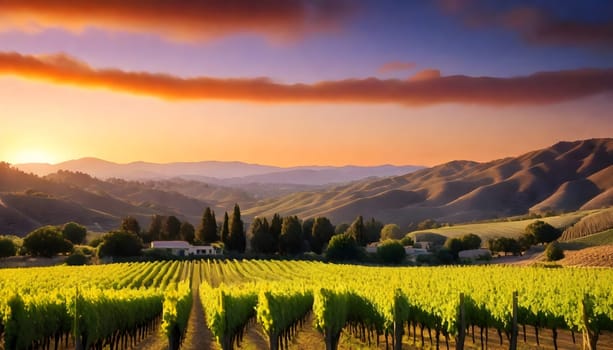 AI generated of a sunset view of a vineyard with a mountain range in the background