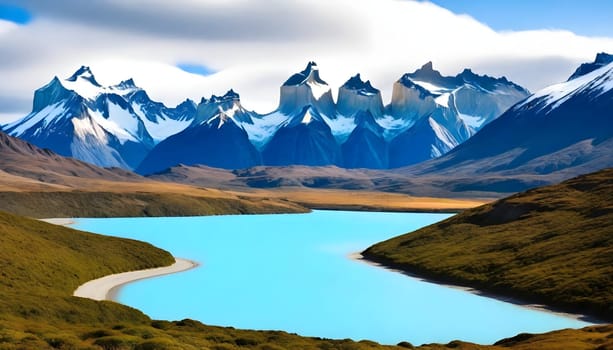 AI generated of a mountain range with a river running through it