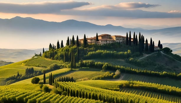AI generated of a house on a hill with a vineyard in the background