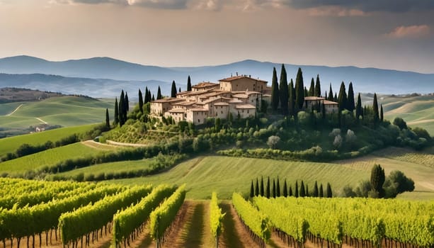 AI generated of a house on a hill with a vineyard in the background