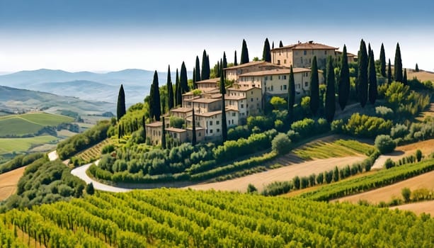 AI generated of a house on a hill with a vineyard in the background