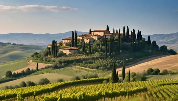 AI generated of a house on a hill with a vineyard in the background