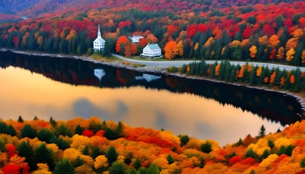 AI generated of a lake is in the background with colorful trees on background