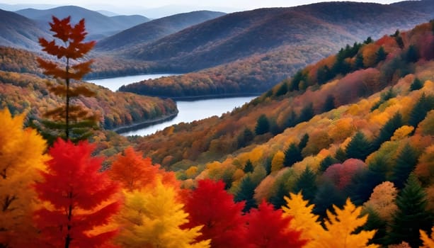 AI generated of a lake is in the background with colorful trees on background