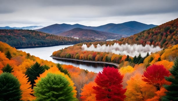 AI generated of a lake is in the background with colorful trees on background