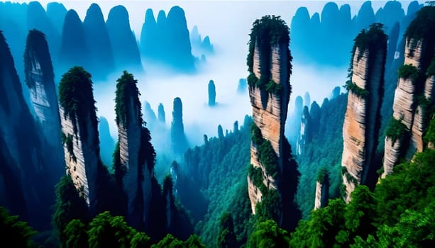 AI generated of a picture of a rock formation with trees in the background