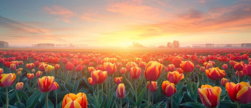 A breathtaking view of a colorful tulip field at sunrise, with glistening dew drops and a captivating sky.