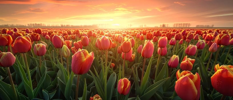 A breathtaking view of a colorful tulip field at sunrise, with glistening dew drops and a captivating sky.
