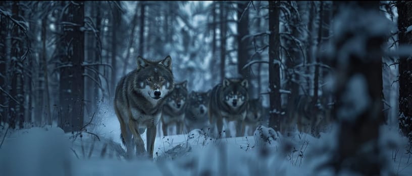 A wolf pack treks through the snow in a dense forest during twilight, showcasing the beauty and wildness of nature.