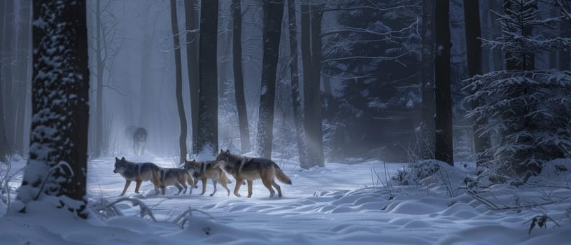 A wolf pack treks through the snow in a dense forest during twilight, showcasing the beauty and wildness of nature.