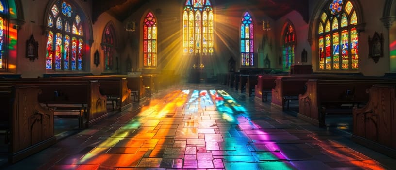 Dramatic sunlight streams through stained glass windows, casting vibrant rainbow shadows on the aisle of a serene church interior.