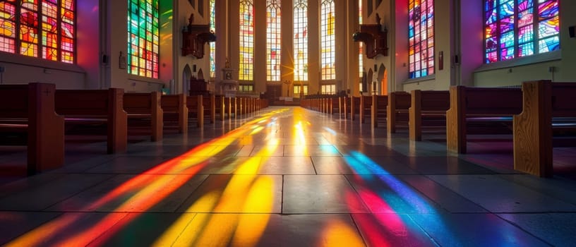 Dramatic sunlight streams through stained glass windows, casting vibrant rainbow shadows on the aisle of a serene church interior.