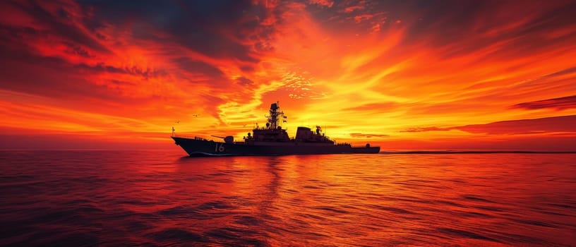 A dramatic sunset sky with vibrant colors silhouetting a navy ship and flying aircraft above the ocean.