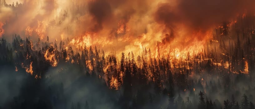 A devastating wildfire ravages through a dense forest, with flames and smoke billowing under a dramatic sky.