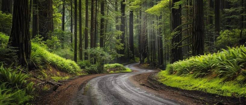 A serene, sunny forest road winding through towering redwood trees, with light piercing through the canopy, creating a tranquil atmosphere.