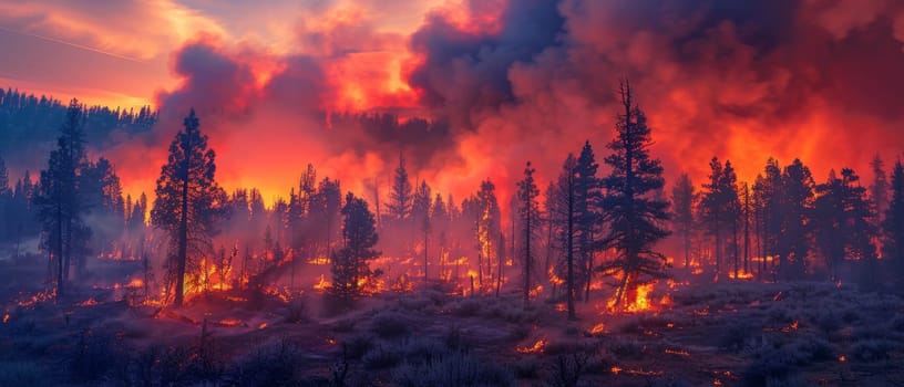 A devastating wildfire ravages through a dense forest, with flames and smoke billowing under a dramatic sky.