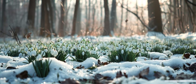 Serene panorama of a woodland glade with snowdrops blooming amid melting snow at dawn